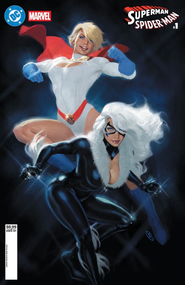 Variant Cover for Superman/Spider-Man, featuring Powergirl and Black Cat on a black background 