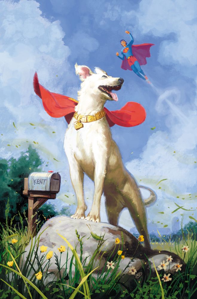 Cover art for KRYPTO: THE LAST DOG OF KRYPTON #5.  Krypto proudly standing on a stone, in the fields of the Kent family farm.  A young Clark Kent, excitedly flying in the distance.