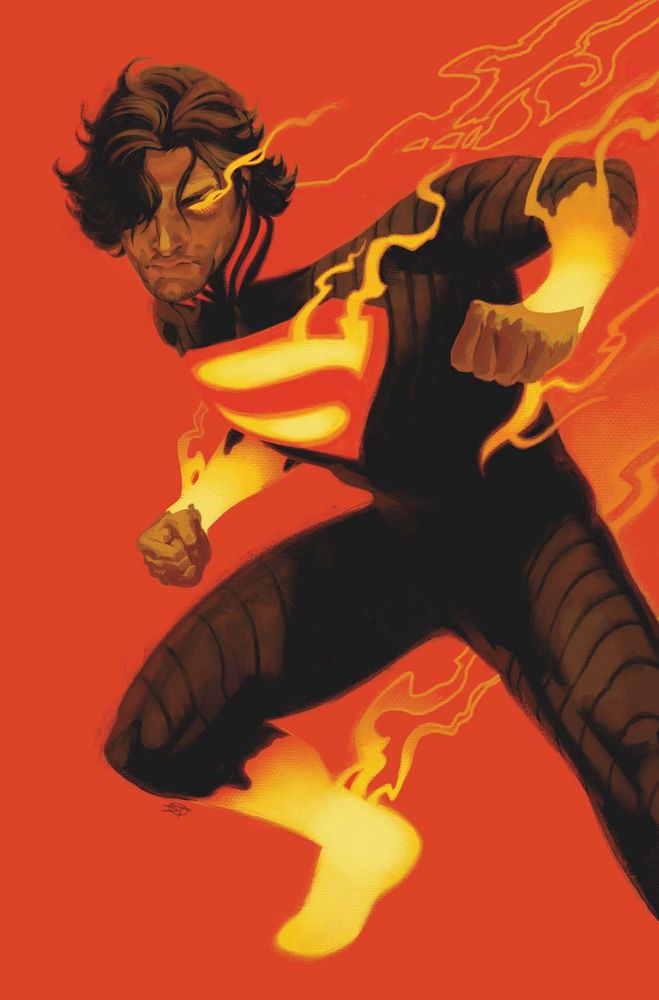 Absolute Superman on a red background.  Flame-like shapes 