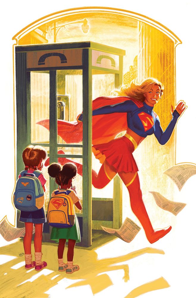 Cover for Supergirl #2 by David Talaski.  Supergirl seen running out of telephone booth, waving to two young girls in superhero clad backpacks.