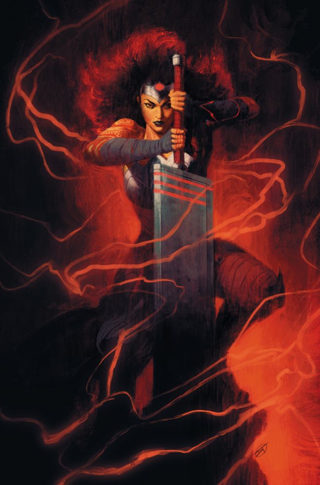 Variant cover for Absolute Wonder Woman #13.  Diana epically perched on a stone holding her giant sword with both hands.  Red electric energy all around.