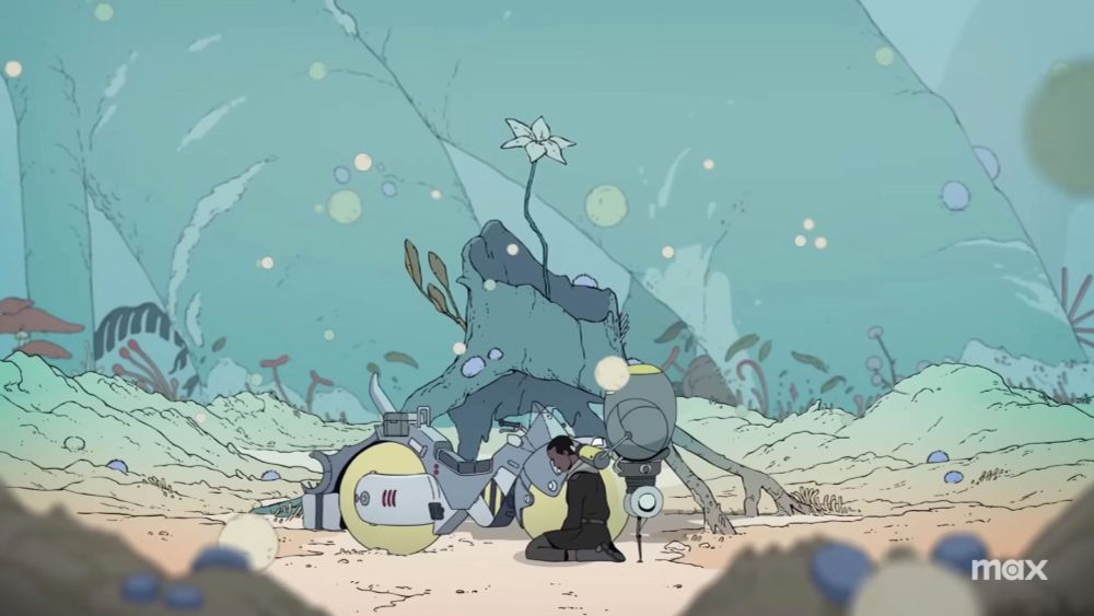 One of the characters kneels, next to a bike whose wheels are made of two big yellow spheres. Levi, a robot with a similar sphere-based design, is trimming her hair. They stand in front of a tree stump from which a single flower sprouts, huge roots tower around them, spores float through the air.