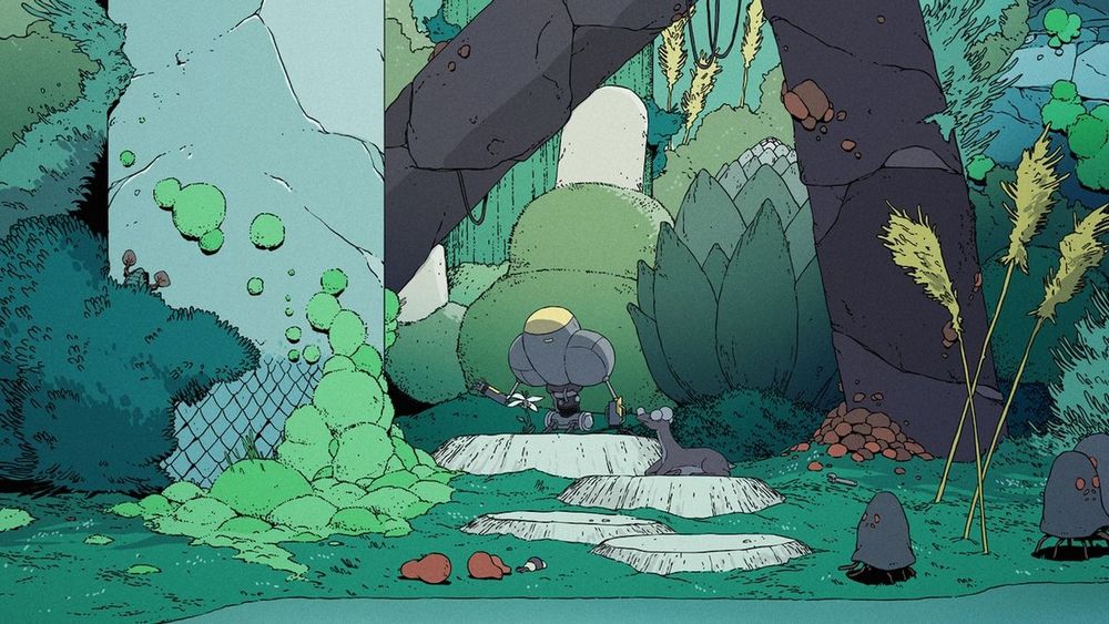 Levi the robot in a forest of strange growths