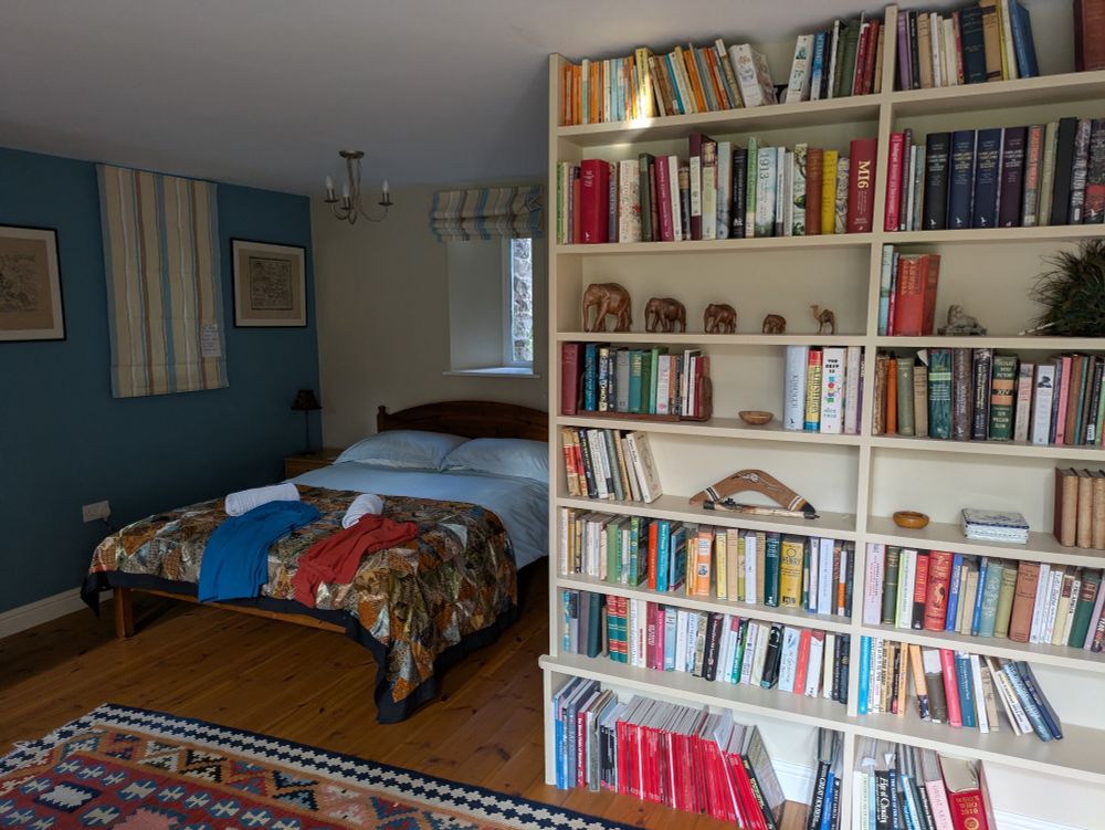 A double bed with book cases