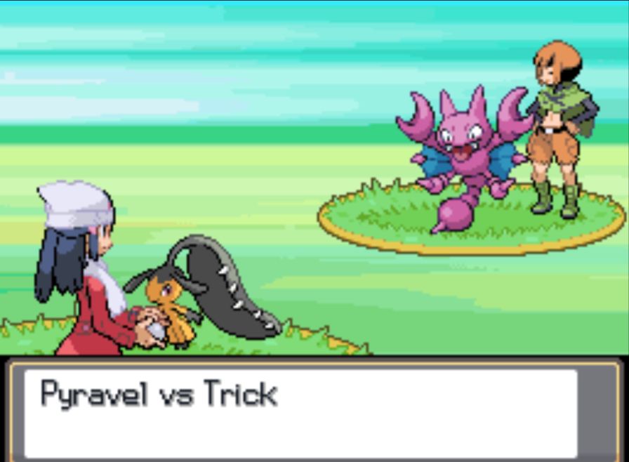 pokemon battle edit. text box says "Pyravel vs Trick"

Pyravel as Mawile, Trick as Gligar
