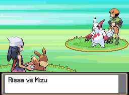 pokemon battle edit. text box says "Rissa vs Mizu" 

Rissa as Eevee, Mizu as Zangoose
