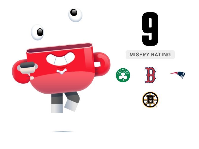 "Misery rating 9" with a logo of the Celtics, Red Sox, Patriots, and Bruins and a red cup on the left with googly eyes.