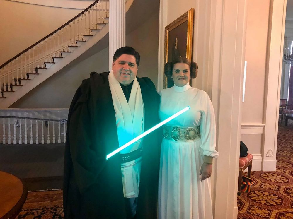 J.B. Pritzker and Mary Kathryn "MK" Pritzker posing as Luke Skywalker and Princess Leia, respectively.