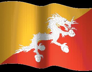 Waving animation of flag with diagonally divided gold and red-orange background and white and black line art dragon 