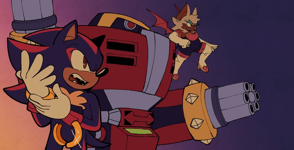 A drawing of Shadow the Hedgehog, E123 Omega, and Rouge the Bat. Shadow stands in the foreground, in the process of taking off his inhibitor rings and staring determinedly forward towards something off screen. Omega stands just behind him, arm guns raised and ready for action. Rouge hovers in the background, an angry expression on her face as she prepares to fight.