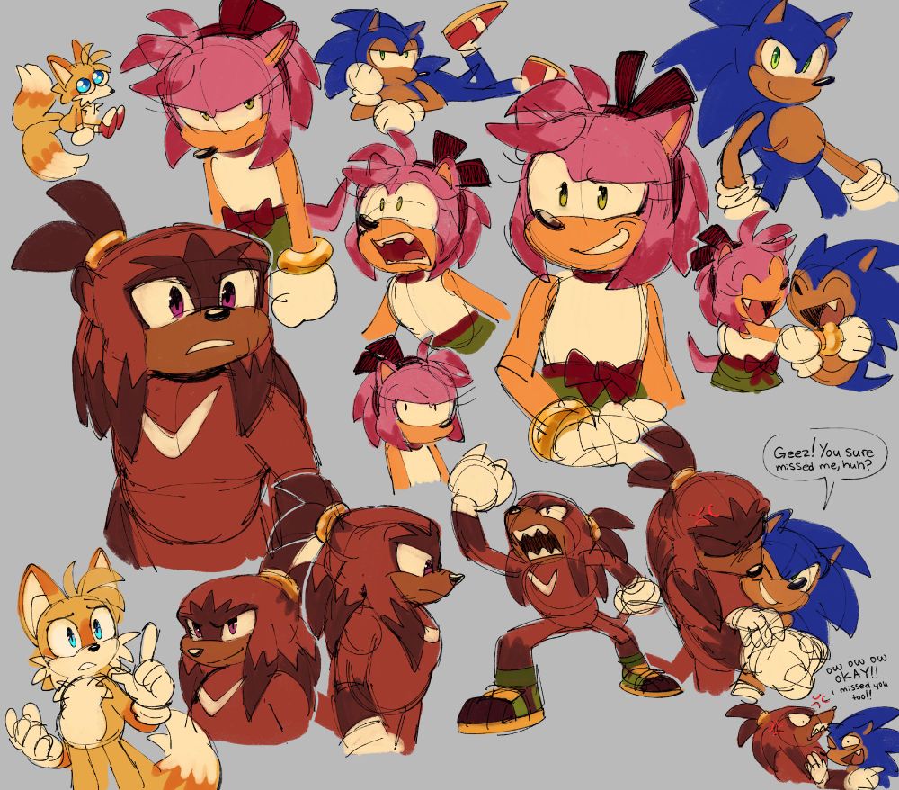 Art with multiple depictions of Knuckles the Echidna, Amy Rose, Sonic the Hedgehog, and Tails the Fox