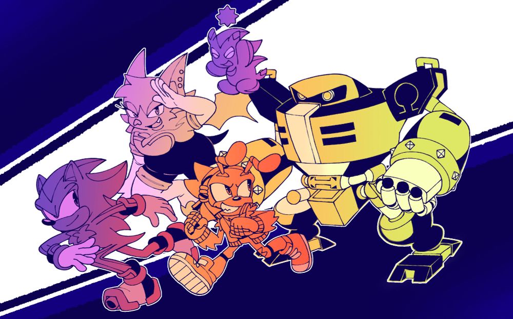 A drawing of Shadow the Hedgehog, Rouge the Bat, Matilda the Ant (Oc), Shadow Chao, and E-123 Omega all in movement looking at each other with smiles.