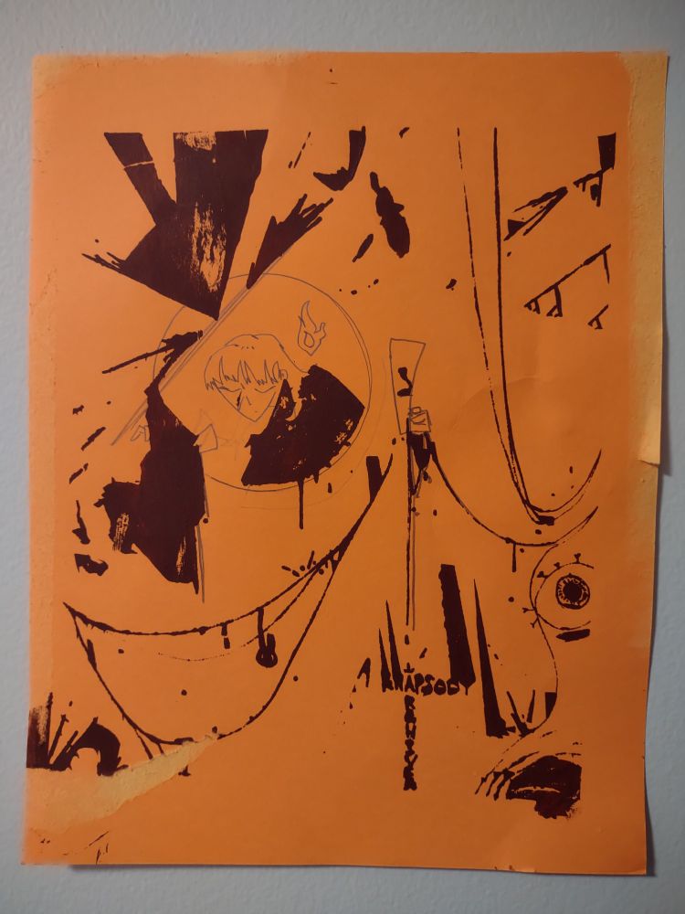 A proof of concept mimeographed illustration using a fax machine with it's sensor taped down and the cartridge removed, riso stencil cut to A4 paper size taped to plain paper with Scotch tape (glossy side facing away from you), and cadmium  red + ultramarine acrylic on orange construction paper.