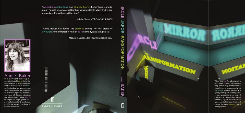 Unofficial Cover for Annie Baker's play Circle Mirror Transformation by Mel Magdalene. The Cyan, Magenta, and Yellow title is distorted using a projector against found edges in a dark bathroom.  Please hire me.
