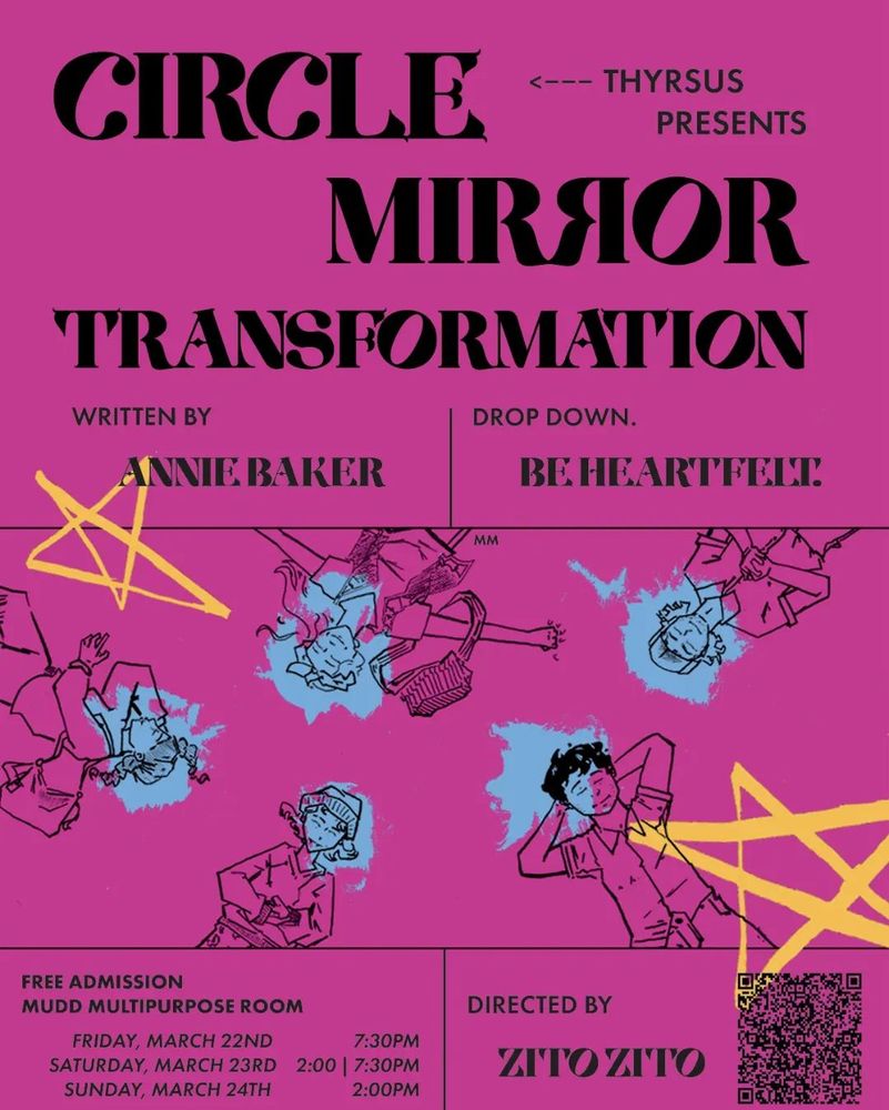 A poster for Circle Mirror Transformation by Annie Baker done by Mel Magdalene and directed by Zito Zito. The screen is caked in magenta, littered with cyan splotches and dandelion stars. 