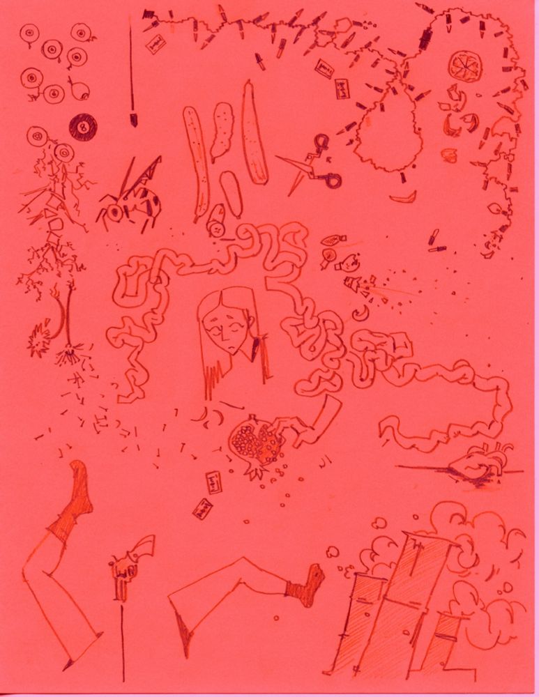 an illustration of detached body parts, weapons, vegetables, flowers, glass, and other ephemera around the severed head of a woman. In fluorescent orange.