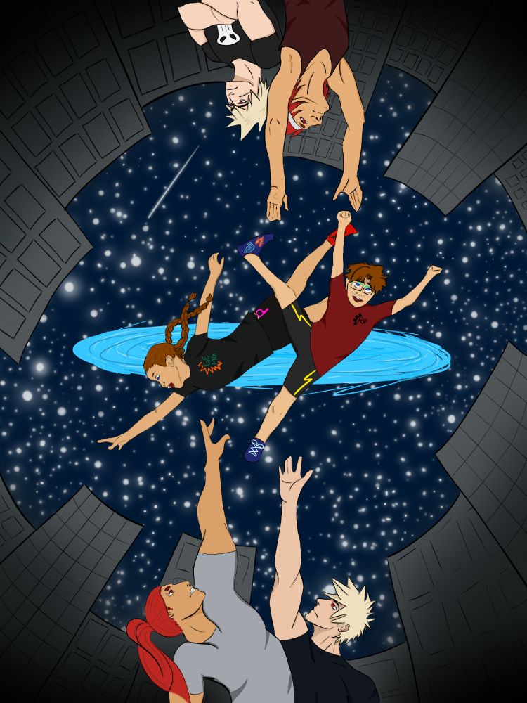Two children are floating in front of a blue portal as the girl falls down toward an older kiribaku and the boy falls upwards toward a younger kiribaku. Both versions of the couple are reaching toward the kids, except for younger Bakugo who has his hands folded across his skull shirt. You can also see his scar over his right cheek. The kids are wearing pro-hero merchandis, the girl has pig-tails and is wearing a GEMG dynamight shirt, Pinky pants, and Deku shoes. The boy is wearing a Red Riot shirt, Chargebolt shorts and Shoto shoes. The picture can be flipped upside down to have the younger boys on the bottom with the older men on the top. Stars are shown in the background of the picture as buildings circle the image as if looking up into the sky through a city scape.