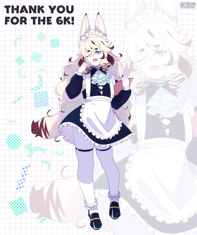Text on the top left says, "Thank you for the 6K."

The image has my OC, Case, a bunny-like furry character with long ears strutting a pose as if they're yawning as they're about to serve the viewer. 

Their fur is close to a whitish, platinum blonde with brownish, patterns across their fur. They have spots with little stars in between. The outfit they're wearing is a navy blue maid dress with a teal cravat on their chest. The skirt is short and flares out a bit, revealing their white stockings and navy blue straps around their thigh.
