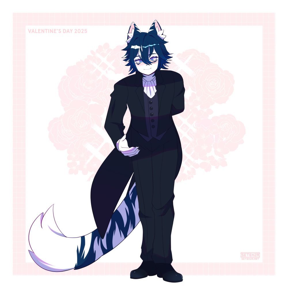 My OC, Rel, a tiger-like man leaning forward while offering his hand towards the viewer while blushing a bit. He's softly smiling. The bg is pink with soft pink roses.