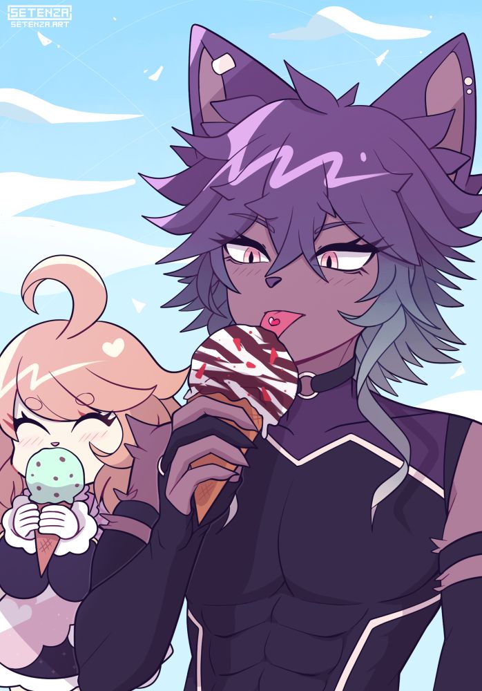 Erem this time eating ice cream with his younger sister, Nadya, who is a bunny girl. They are both enjoying their treats. He has a heart shaped tongue piercing.