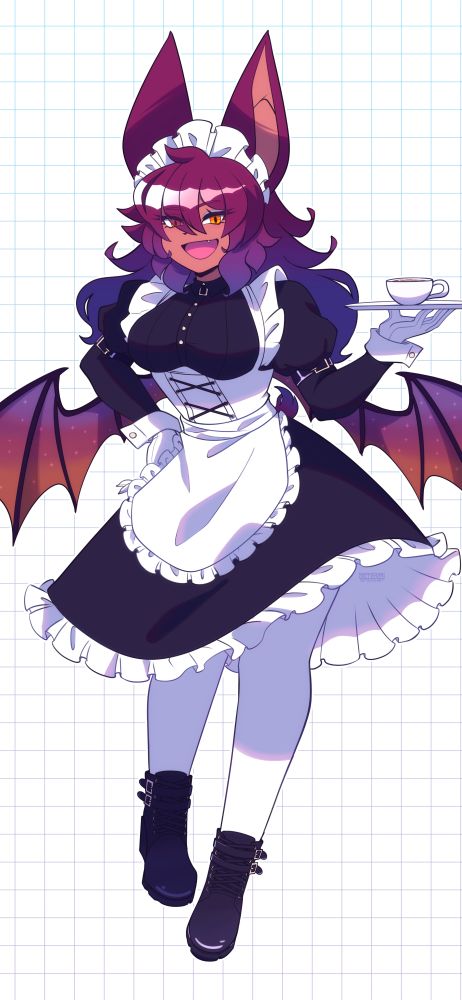 My oc, Karin, a furred kemono bat-girl, holding a tray with coffee while wearing a black and white maid dress and buckled boots. Her wings are a gradient blue to orange with stars across them.