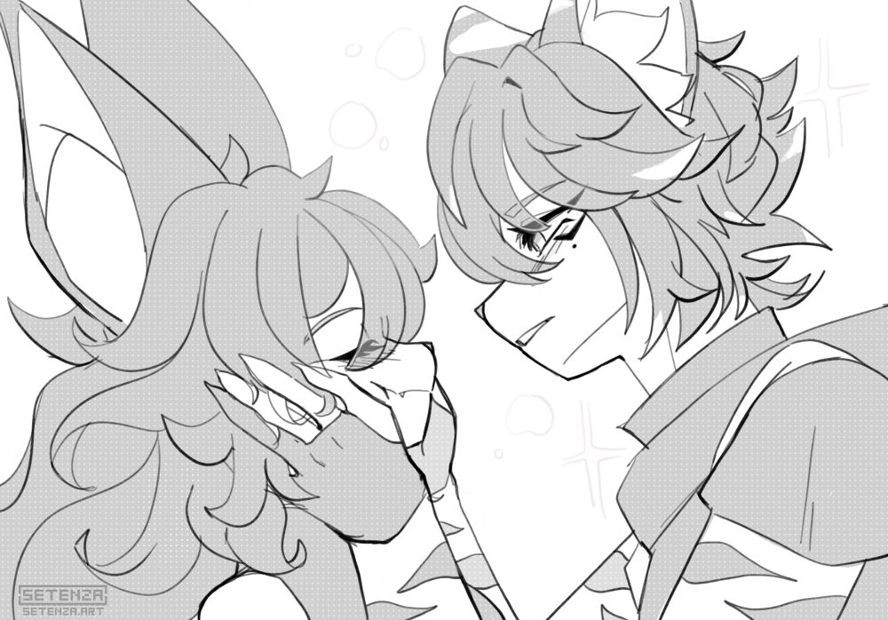 A black and white sketch of my OCs, Karin and Rel, where Rel is gently cupping Karin's face with nothing but love in his eyes. Karin has her eyes closed while her face is gently being held by him. They are both blushing.