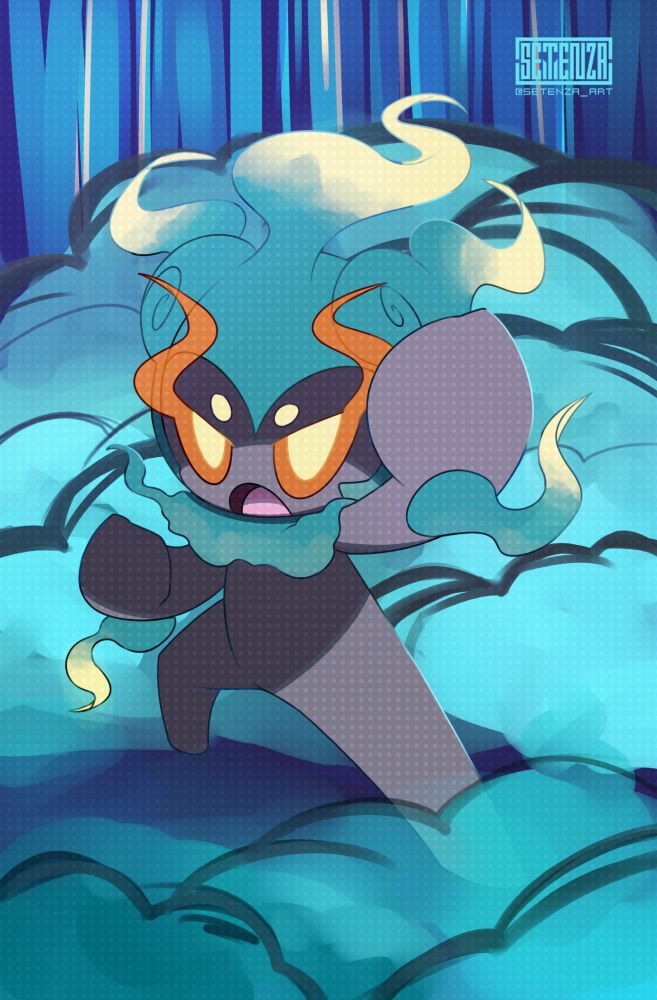 An illustration of the Pokemon Marshadow from Pokemon Sun & Moon. It is striking a combat ready pose with ghostly flames around it's eyes.
