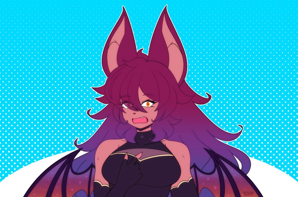 My OC, Karin, a bat-like humanoid girl, pointing to herself while looking at the viewer in disbelief. She has long bat ears with her hair going from a burgundy to purple gradient. Her wings are purple to orange gradient with starts sparkling in between her wings. She is in front of a blue to white halftone background.