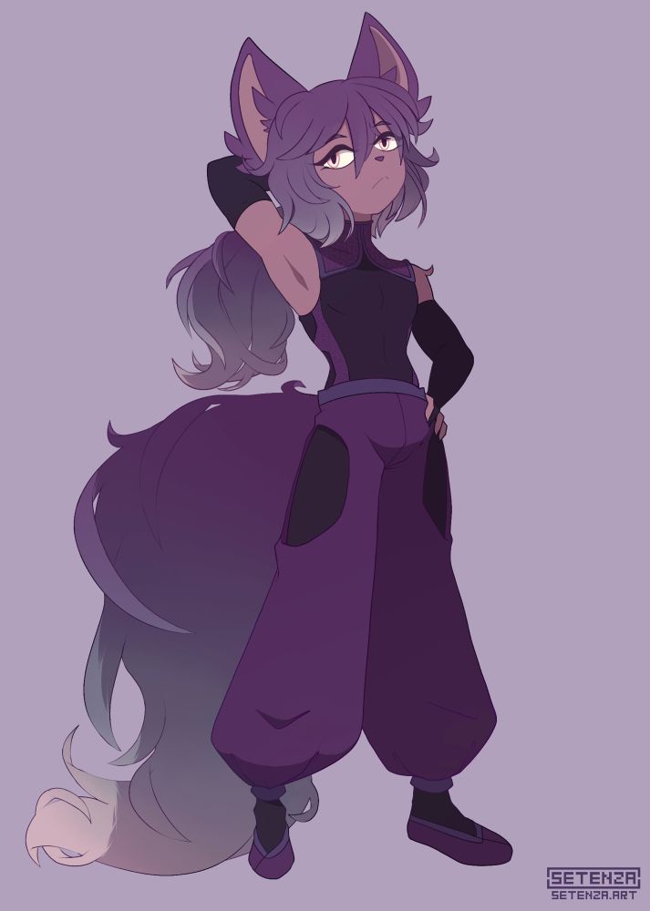 Erem, initially a wolf-like twink, looking disinterested with his right arm behind his head. He mostly wears purple.