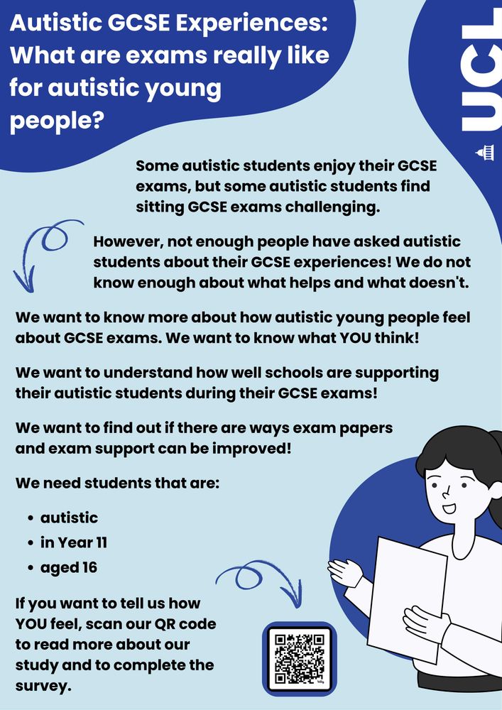 Recruitment flyer
Text: Autistic GCSE Experiences: What are exams really like for autistic young
people?
Some autistic students enjoy their GCSE exams, but some autistic students find sitting GCSE exams challenging.
However, not enough people have asked autistic students about their GCSE experiences! We do not know enough about what helps and what doesn't.
We want to know more about how autistic young people feel about GCSE exams. We want to know what YOU think!
We want to understand how well schools are supporting their autistic students during their GCSE exams!
We want to find out if there are ways exam papers and exam support can be improved!
We need students that are:
autistic in Year 11 aged 16
If you want to tell us how YOU feel, scan our QR code to read more about our study and to complete the survey.