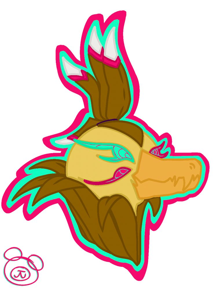 A headshot of a nightmare toy Chica design. Teal and pink are used to highlight the edges of the drawing.