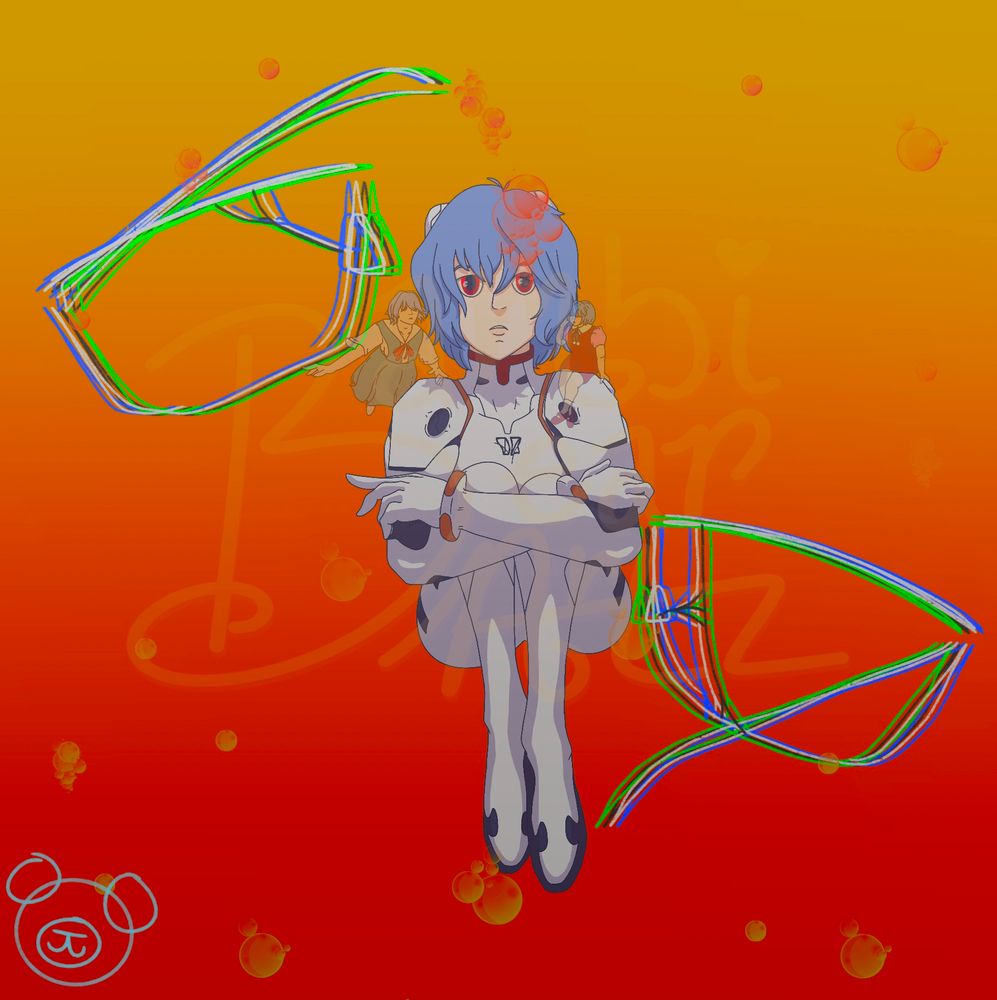 Rei Ayanami floats in the foreground with a background of LCL fluid (yum Fanta), with the sketchy jagged outline of Gendo Ikari’s broken glasses behind her split in two. The apparitions of her two earlier clones hover over her shoulder, as though speaking to her about her reality.