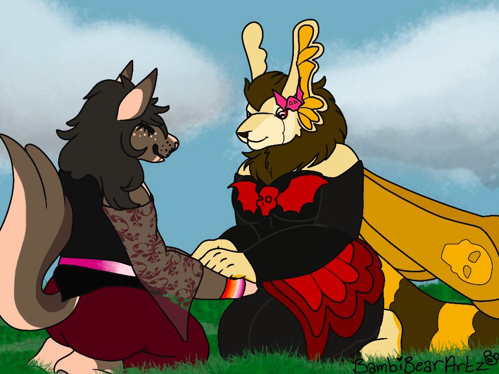 Dk the Wolf’s lupine fursona and Vraihiaex’s insectoid/canid fursona sit on a field of grass. The two hold hands, smiling to one another. The piece lacks shading - Dk is wearing a lesbian flag pride bracelet and belt.