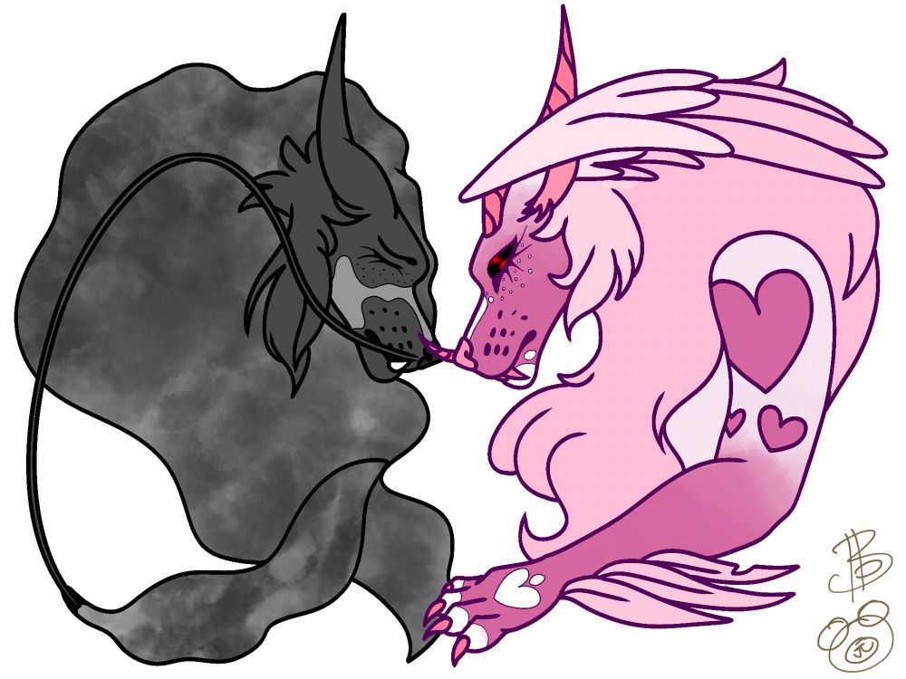 An artwork with two lupine characters, styled in a heart shape to symbolize their love for one another. One is made up of grey and blacks with a Smokey mane, while the other is white and pink. Their noses touch.