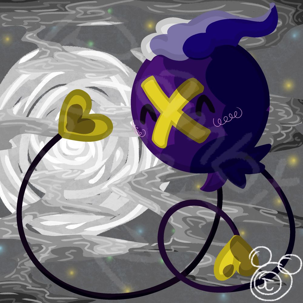 A stylized Drifloon floats at the forefront of the canvas, seemingly waving one of its hands to the viewer as it playfully blushes. The moon and clouds behind it are done in a very impressionistic style, and cause the Drifloon to be partially in shadow.