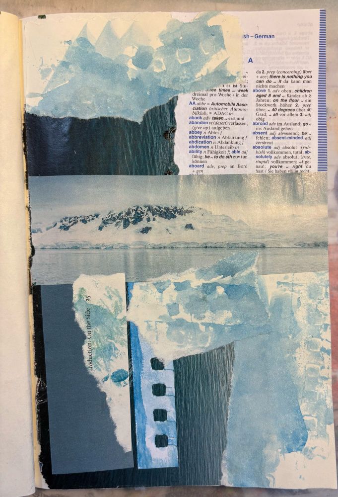 Collage of ripped and cut photos and hand painted book pages all in shades of blue