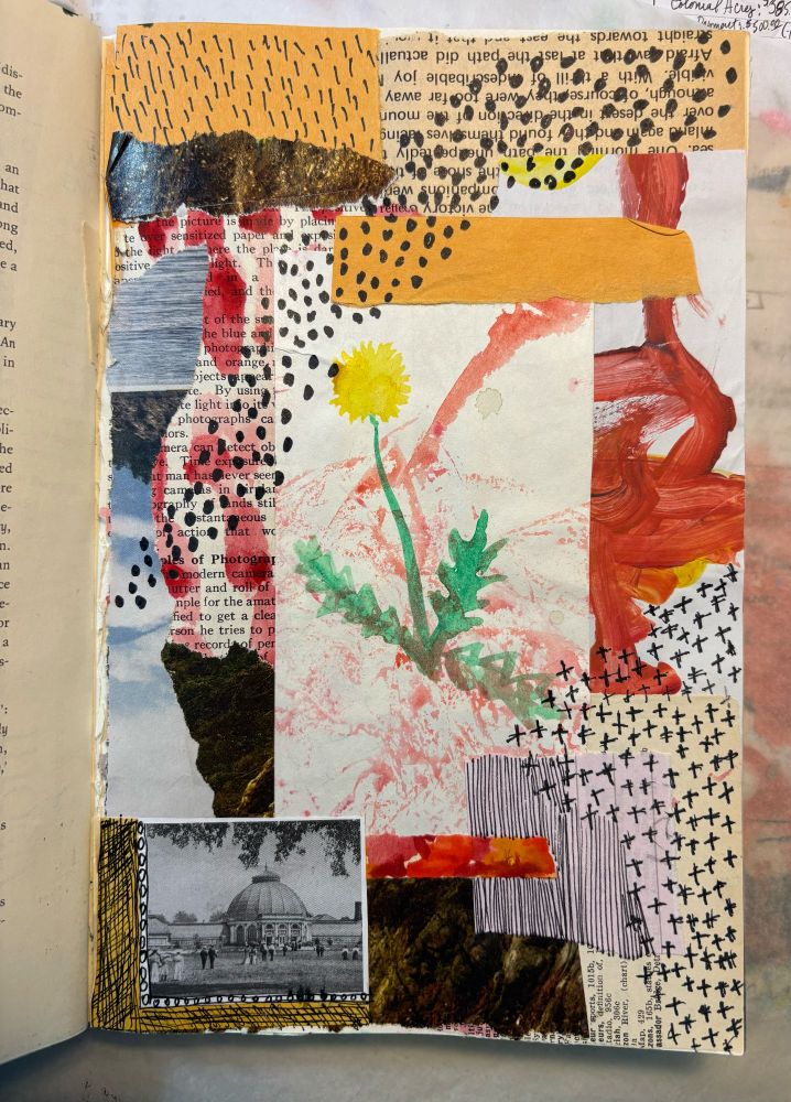 Collage with tiny antique photo of Anna Scripps Whitcomb Conservatory on Belle Isle in the lower left corner, several different marks, hand painted dandelion looking flower focal point in center