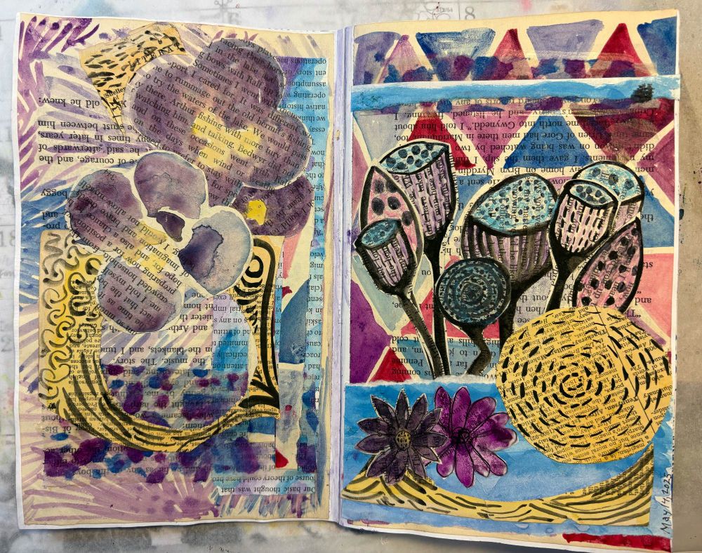 Watercolor painted book pages of pansies, seed pods, daisies and triangles in blues, pinks, purples and plus various marks in black on yellow, cut up and glued on 2 page spread. 