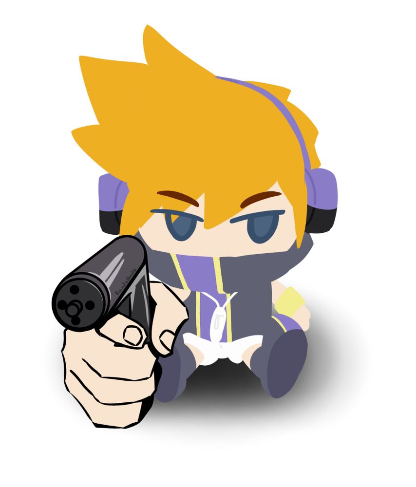 Fan art of Neku Sakuraba from The World Ends With You as a plushie holding a gun from the game with a semi-realistic anime hand. Art by RandoDoodlz.