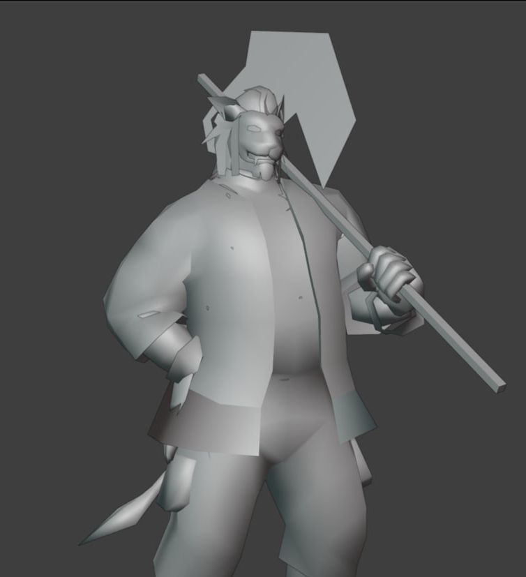 Una captura de un modelo low-poly sin texturizar de un hrothgar del Final Fantasy XIV posando. El personaje está sosteniendo un hacha enorme sobre sus hombros mientras pone una pícara sonrisa mirando a la cámara.