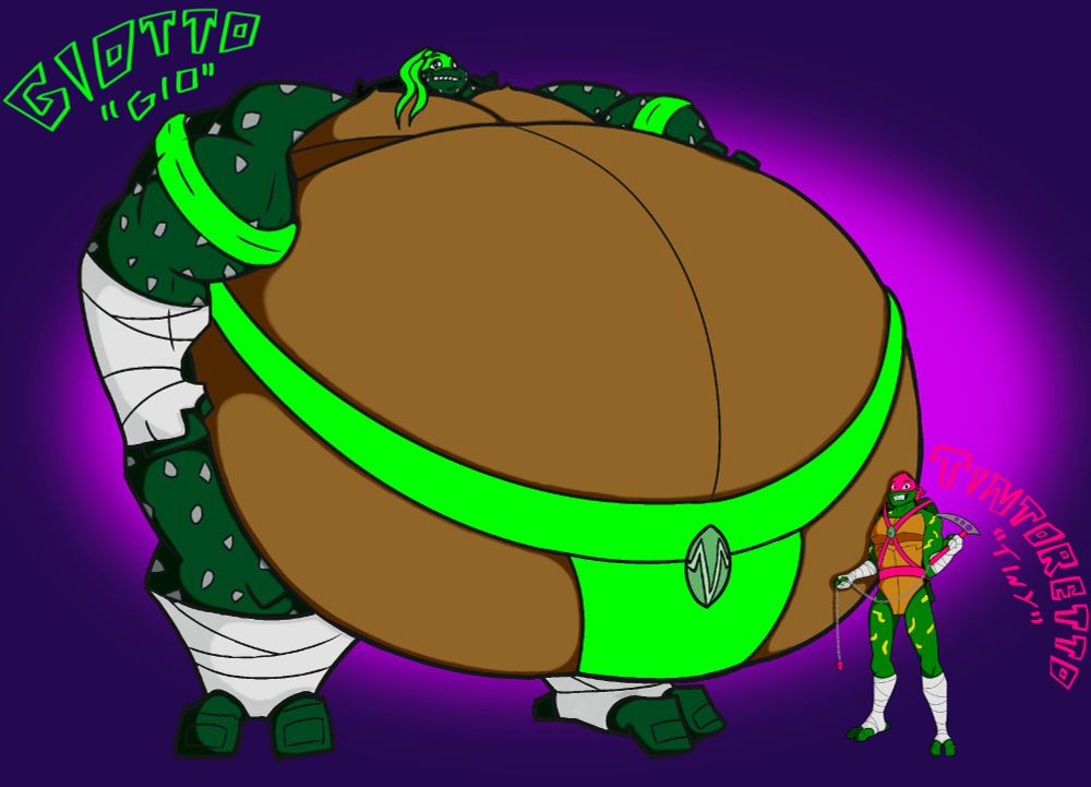Two turtles drawn in the style of Rise of the Teenage Mutant Ninja Turtles, one very skinny and short named Tintoretto or "Tiny" for short, dressed in pink mask and straps, holding a kusarigama as his weapon, the other, Giotto, or "Gio" for short, wearing a lime green mask, arm bands, and mawashi, but no weapon since he fights hand to hand, and throws his weight around