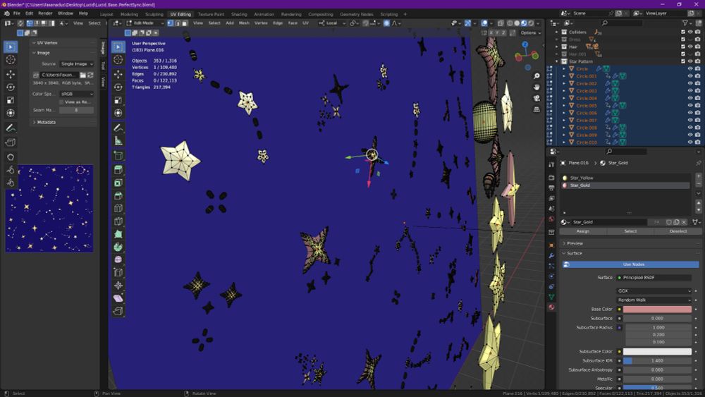 星/スペースファブリックのテクスチャのサイドショット。これは、3Dオブジェクトの複合を使用して作成され、テクスチャにレンダリングされます。