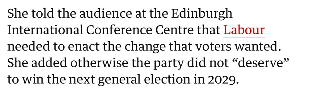 She told the audience at the Edinburgh International Conference Centre that Labour needed to enact the change that voters wanted.
She added otherwise the party did not "deserve" to win the next general election in 2029.