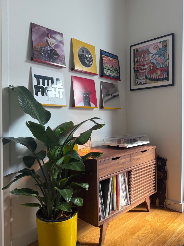 my record nook, featuring a tall tropical plant, a record stand with a record player that holds my collection of vinyls, some wall art, and six shelves arranged in two rows of three, displaying six of my favorite records at the moment