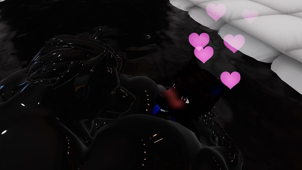 *as we get closer to be submerged in the gooey pool my face expression was flustered and lustful as i accepted my fate with this buff wolf as i felt a gooey kissing*
