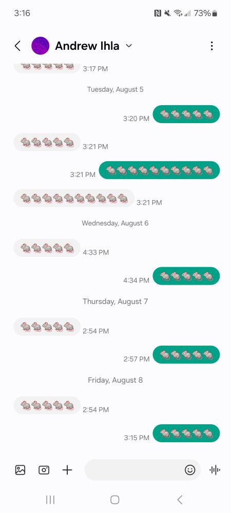 A screencap of a phone text message conversation between Andrew and JoJo over several days. Every message consists of nothing but rat emojis.
