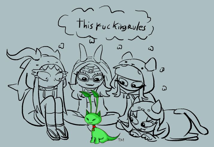 Lamnia, Feferi, Detrot and Nepeta all gathered around an Aisha (a neopet) all thinking "this fucking rules"