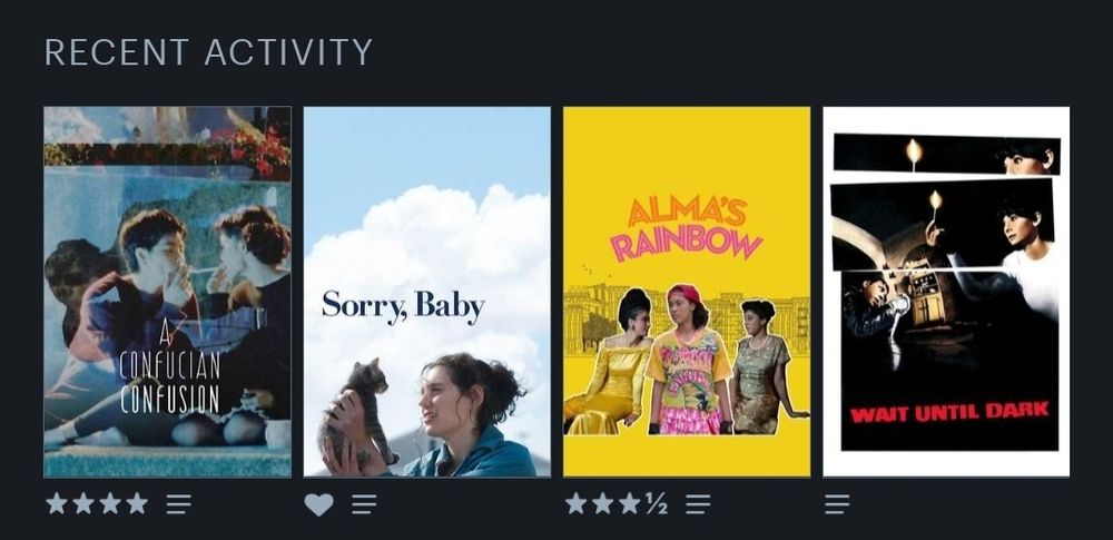 Last 4 watched movies: a confucian confusion, sorry baby, Alma's rainbow, wait until dark