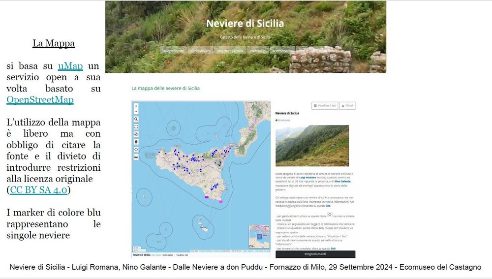 Una delle slide presentate a Fornazzo di Milo sul progetto Neviere di Sicilia in cui viene rappresentata la mappa con le neviere, i principali strumenti utilizzati per realizzarla, le finalità del progetto