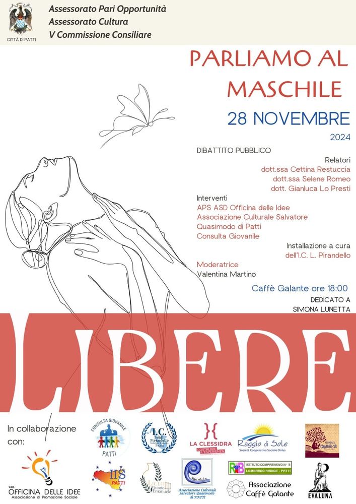Eventi in occasione della 𝙂𝙞𝙤𝙧𝙣𝙖𝙩𝙖 𝙞𝙣𝙩𝙚𝙧𝙣𝙖𝙯𝙞𝙤𝙣𝙖𝙡𝙚 𝙥𝙚𝙧 𝙡'𝙚𝙡𝙞𝙢𝙞𝙣𝙖𝙯𝙞𝙤𝙣𝙚 𝙙𝙚𝙡𝙡𝙖 𝙫𝙞𝙤𝙡𝙚𝙣𝙯𝙖 𝙘𝙤𝙣𝙩𝙧𝙤 𝙡𝙚 𝙙𝙤𝙣𝙣𝙚.
𝟮𝟴 𝗻𝗼𝘃𝗲𝗺𝗯𝗿𝗲 𝗼𝗿𝗲 𝟭𝟴:𝟬𝟬, presso il Caffè Galante: 𝙋𝙖𝙧𝙡𝙞𝙖𝙢𝙤 𝙖𝙡 𝙢𝙖𝙨𝙘𝙝𝙞𝙡𝙚, dibattito aperto alla cittadinanza 